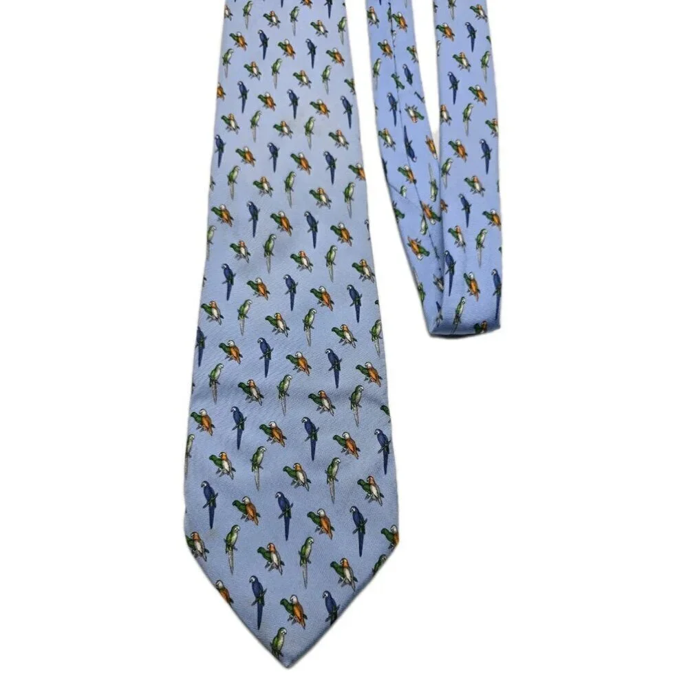 Brooks Brothers TROPICAL PARROTS MACAWS Blue All Over Print Men Silk Tie Necktie